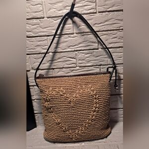 Brighton Black Leather and Tan Jute Straw Woven Shoulder Bag
